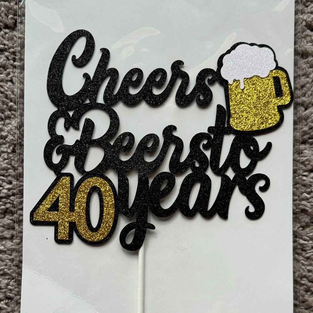 Gold and Black Cheers & Beers to 40 Years Cake Topper. Paper with stick cake top